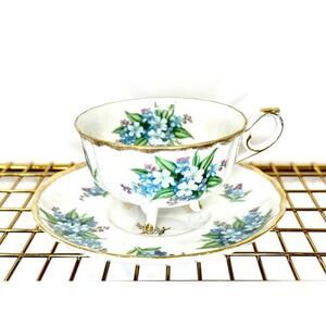 Vintage Shafford Japan Hand Decorated Footed Cup & Saucer Flowers & Gold Trim